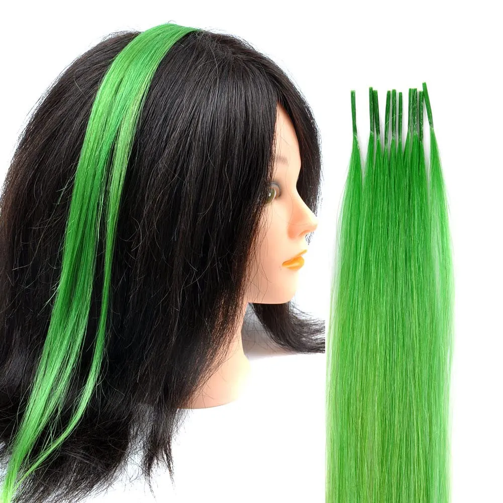 Lot 10 strands 20'' Long Solid Colorful I Tip Human Hair Extension,10  FREE Micro Beads,Hook (Apple Green, 20inch)