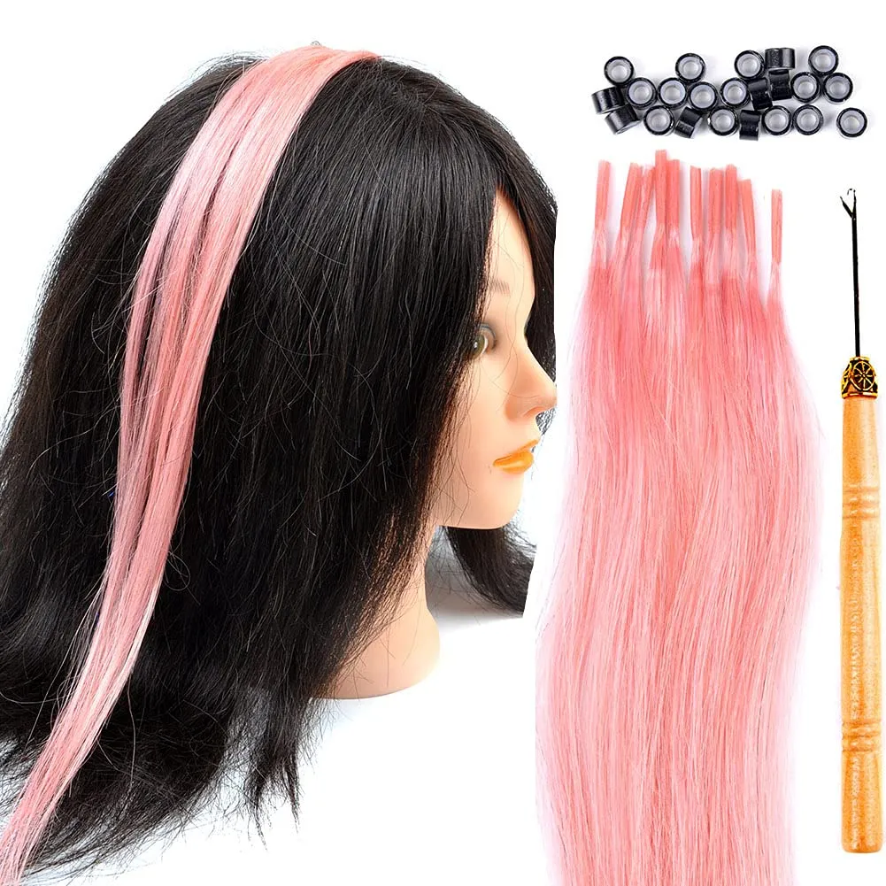 Lot 10 strands 20'' Long Solid Colorful I Tip Human Hair Extension,10  FREE Micro Beads,Hook (Light Pink, 20inch)