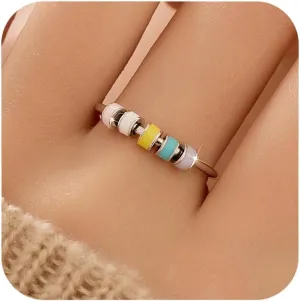 LOVECOM 925 Sterling Silver Fidget Anxiety Ring With Colorful Enamel Beads for Women Stress Relief Spinner Ring Anti Anxiety Rotate Stacking Funny Ring Jewelry Birthday Gifts for Mom Daughter