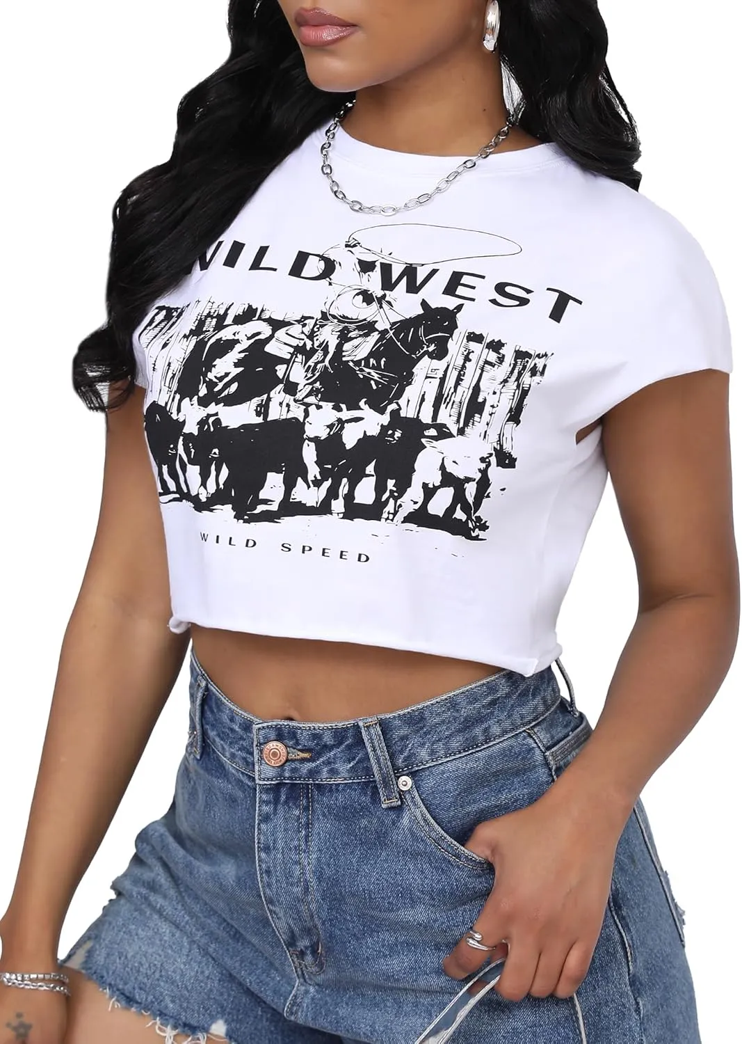 LovelyWholesale Women Cap Sleeve Tops Cropped Graphic Tees Summer Short Sleeve T Shirts
