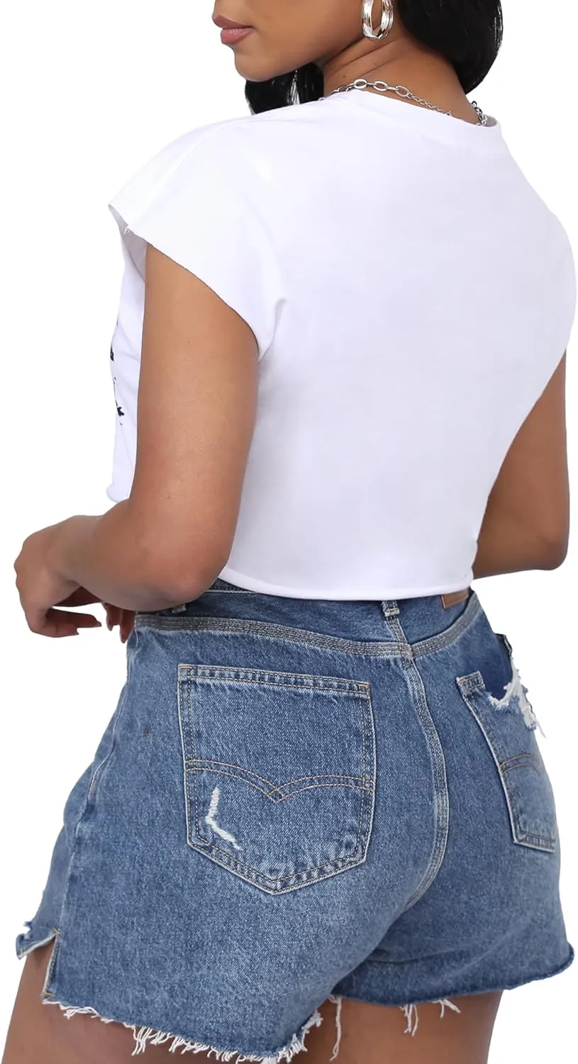 LovelyWholesale Women Cap Sleeve Tops Cropped Graphic Tees Summer Short Sleeve T Shirts