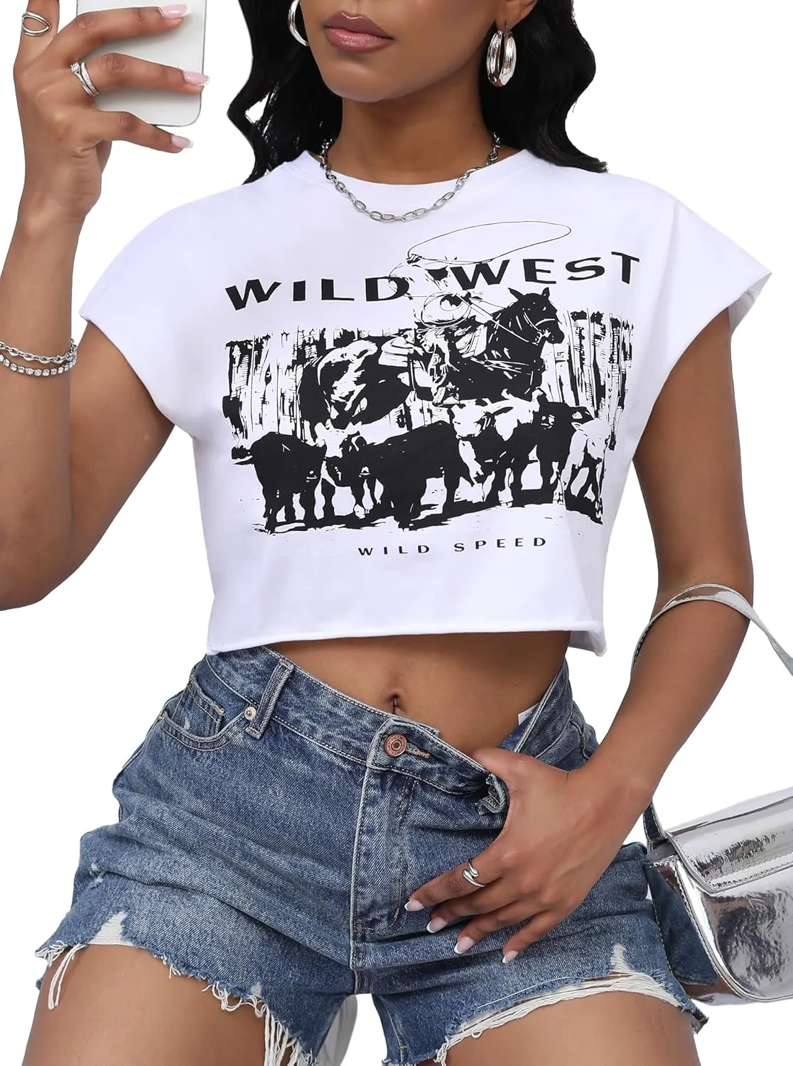 LovelyWholesale Women Cap Sleeve Tops Cropped Graphic Tees Summer Short Sleeve T Shirts