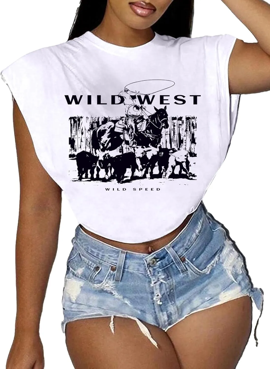 LovelyWholesale Women Cap Sleeve Tops Cropped Graphic Tees Summer Short Sleeve T Shirts
