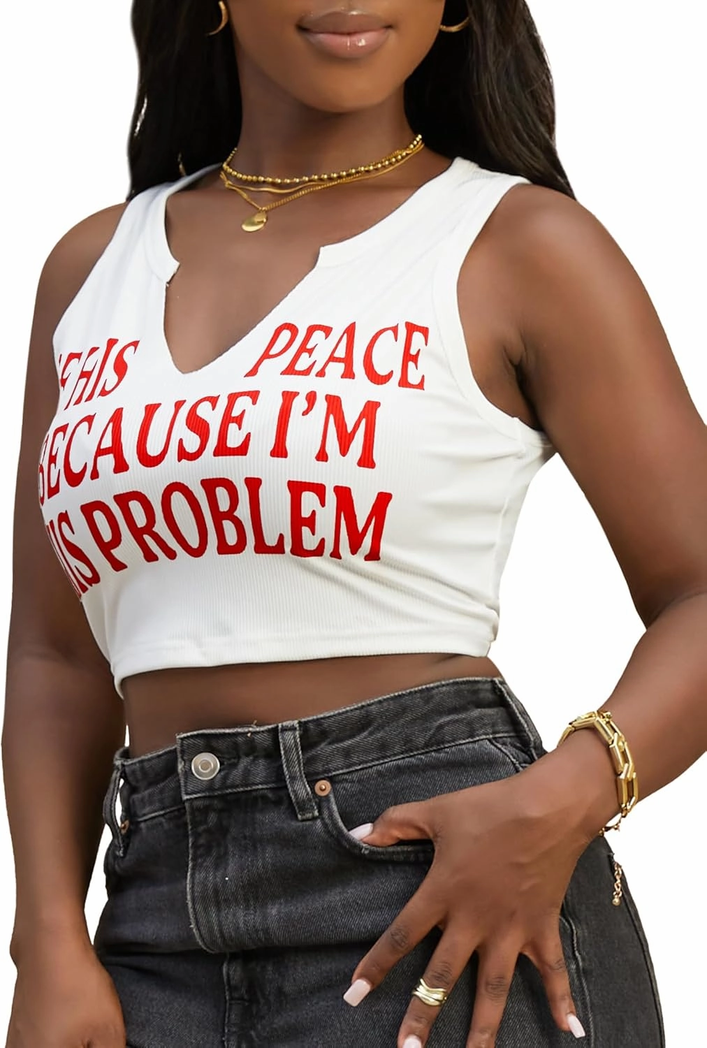 LovelyWholesale Sexy Crop Top for Women Graphic Tees V Neck Ribbed Tank Top