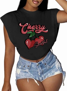 LovelyWholesale Women Cap Sleeve Tops Cropped Graphic Tees Summer Short Sleeve T Shirts
