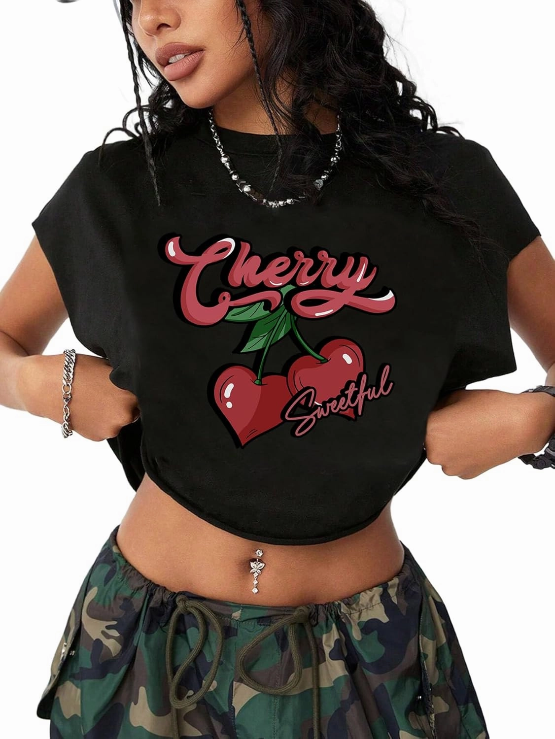 LovelyWholesale Women Cap Sleeve Tops Cropped Graphic Tees Summer Short Sleeve T Shirts