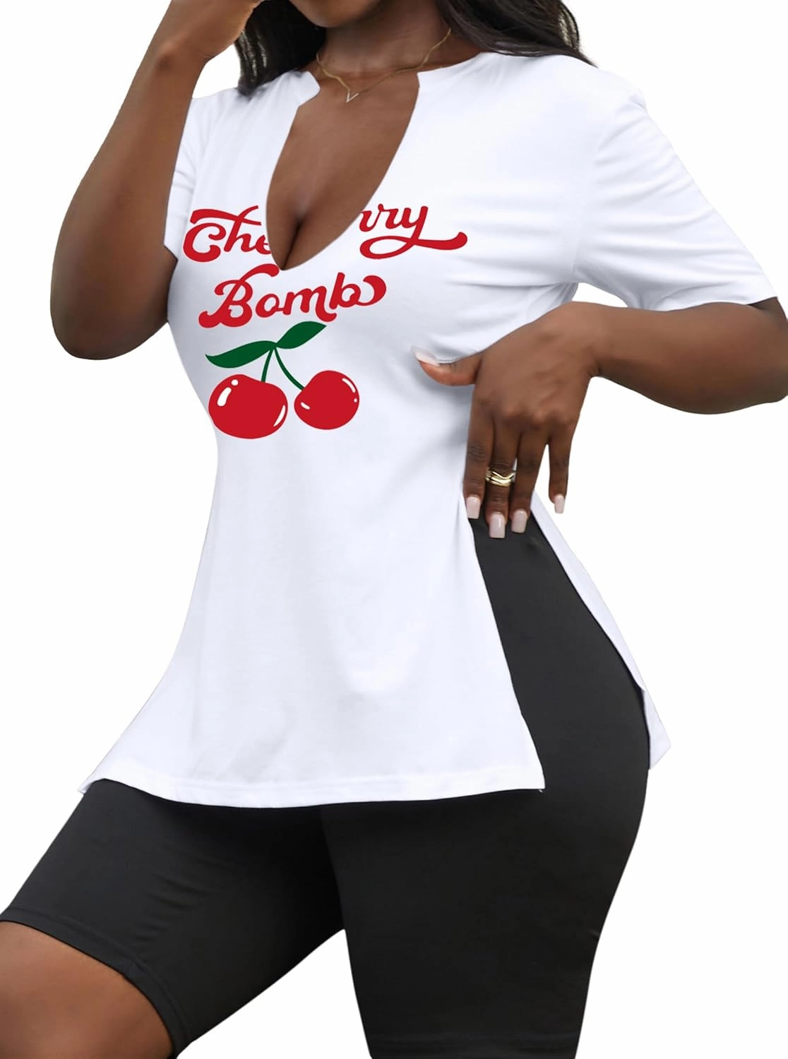 LovelyWholesale Womens Graphic Tees Sexy V Neck T Shirts Short Sleeve Side Slit Summer Tops