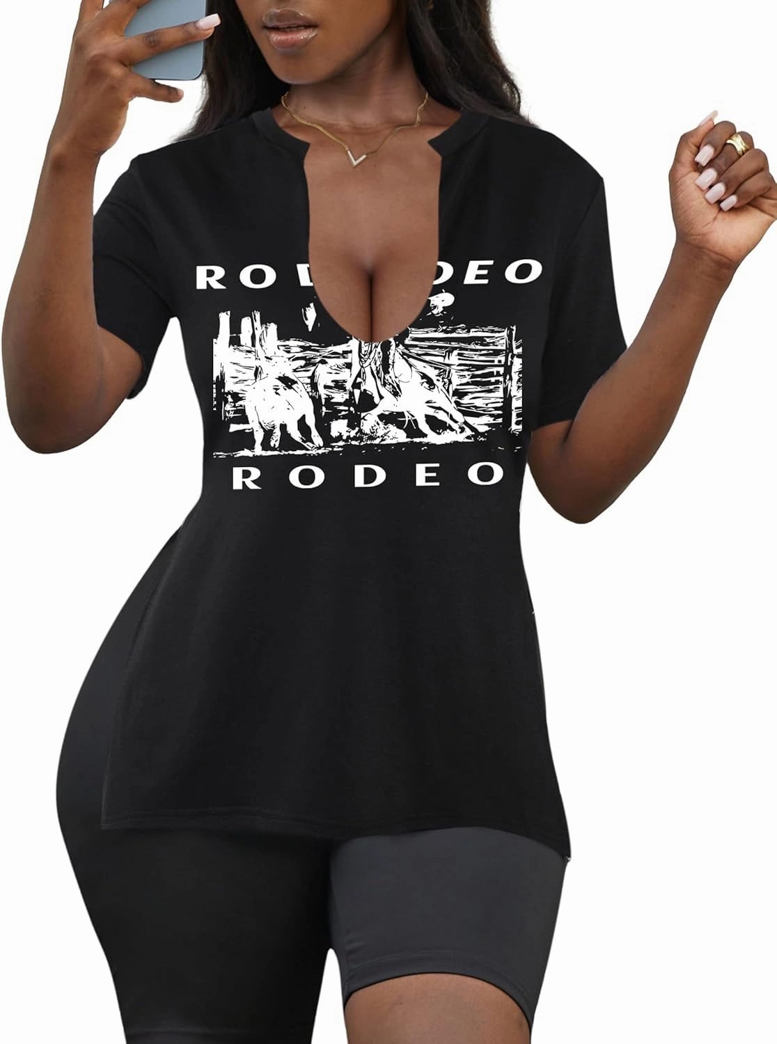 LovelyWholesale Womens Graphic Tees Sexy V Neck T Shirts Short Sleeve Side Slit Summer Tops