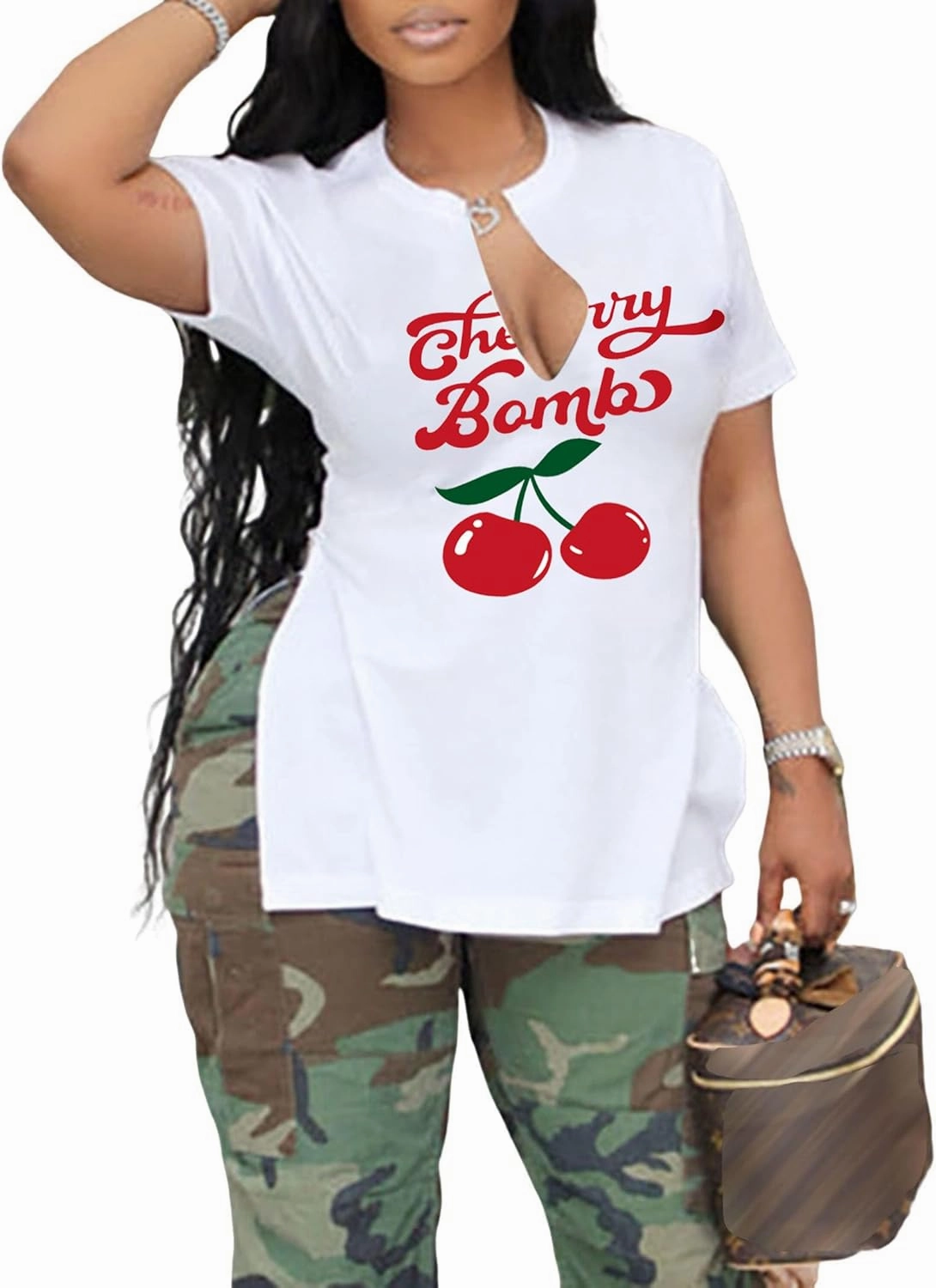 LovelyWholesale Womens Graphic Tees Sexy V Neck T Shirts Short Sleeve Side Slit Summer Tops