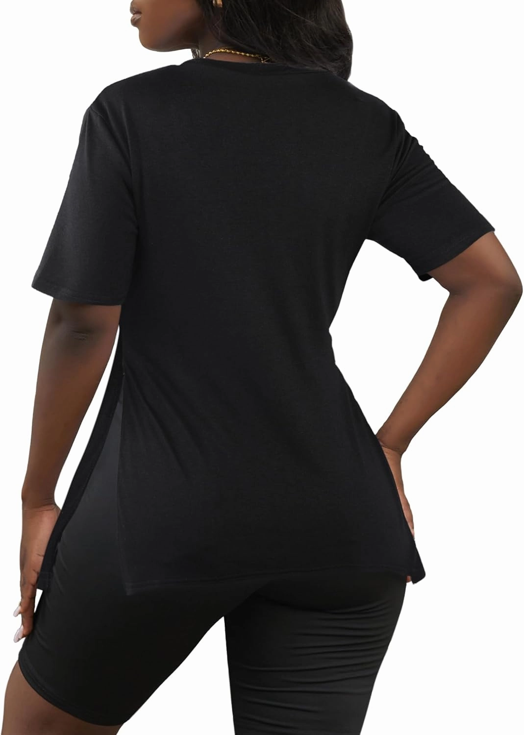 LovelyWholesale Womens Graphic Tees Sexy V Neck T Shirts Short Sleeve Side Slit Summer Tops