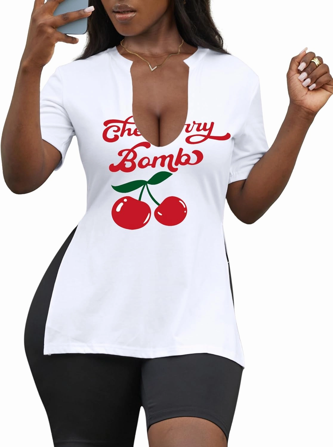LovelyWholesale Womens Graphic Tees Sexy V Neck T Shirts Short Sleeve Side Slit Summer Tops