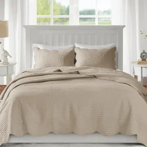 Madison Park King Quilt Set - Damask Coverlet Set for King Size Bed, Cottage Oversized Quilt Set, Scallop Edge, All Season, Pre-washed Cotton-Filled Quilt, Tuscany, Khaki 3 Piece