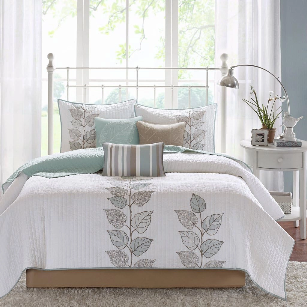 Madison Park Caelie Quilt Modern Classic Design All Season, Breathable Coverlet Lightweight Bedding Set, Matching Shams, Decorative Pillow, Full/Queen(90"x90"), Leaf Blue 6 Piece