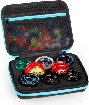MAGICYOYO Yoyo Ball Storage Bag, Professional Yo-yo Case with Dual Zipper, Yo-Yo Carry Bag with Handle for Outdoor Equipment Protective Bag, 8 Yo Yo Storage Holes and Interior Zip Mesh Bag-Black Blue