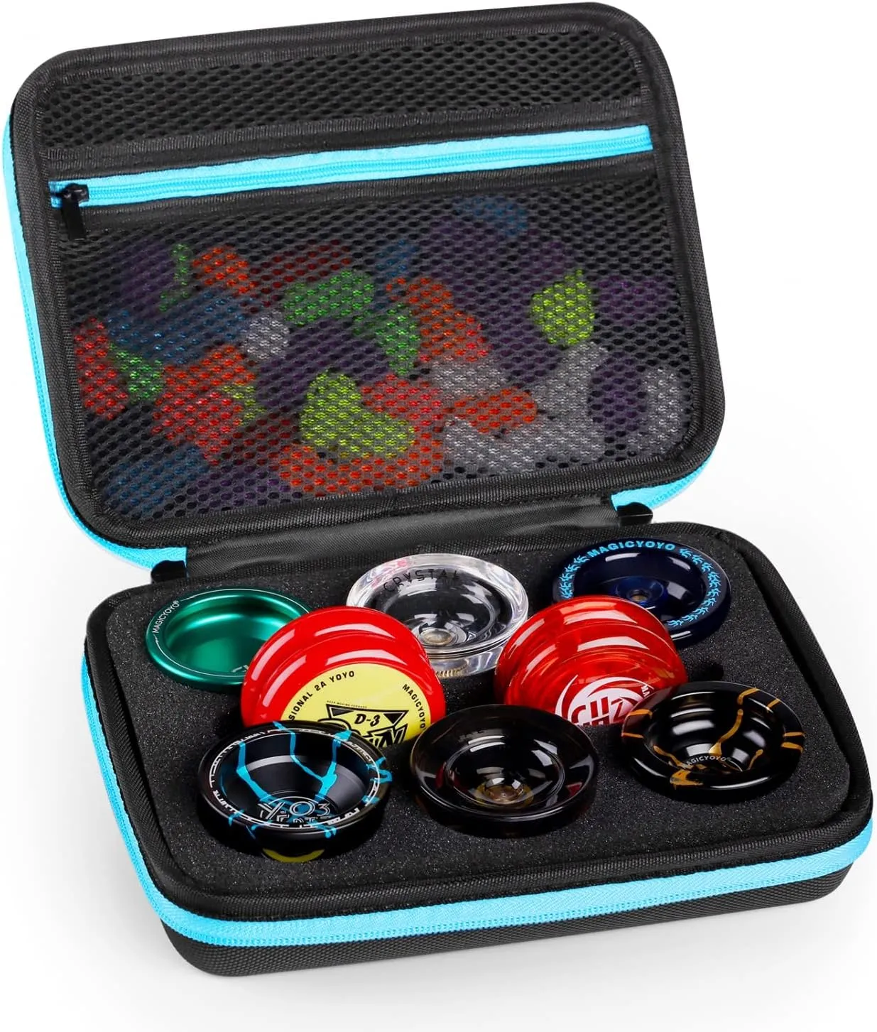 MAGICYOYO Yoyo Ball Storage Bag, Professional Yo-yo Case with Dual Zipper, Yo-Yo Carry Bag with Handle for Outdoor Equipment Protective Bag, 8 Yo Yo Storage Holes and Interior Zip Mesh Bag-Black Blue