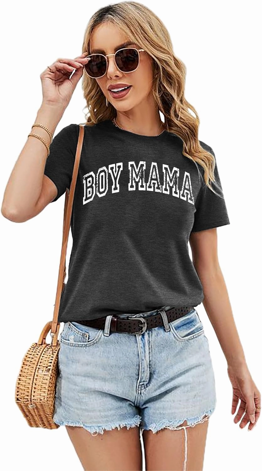 Mama Shirt Boy Mom Shirts for Women: Funny Mama Print T-Shirts Causal Short Sleeve Tee Tops
