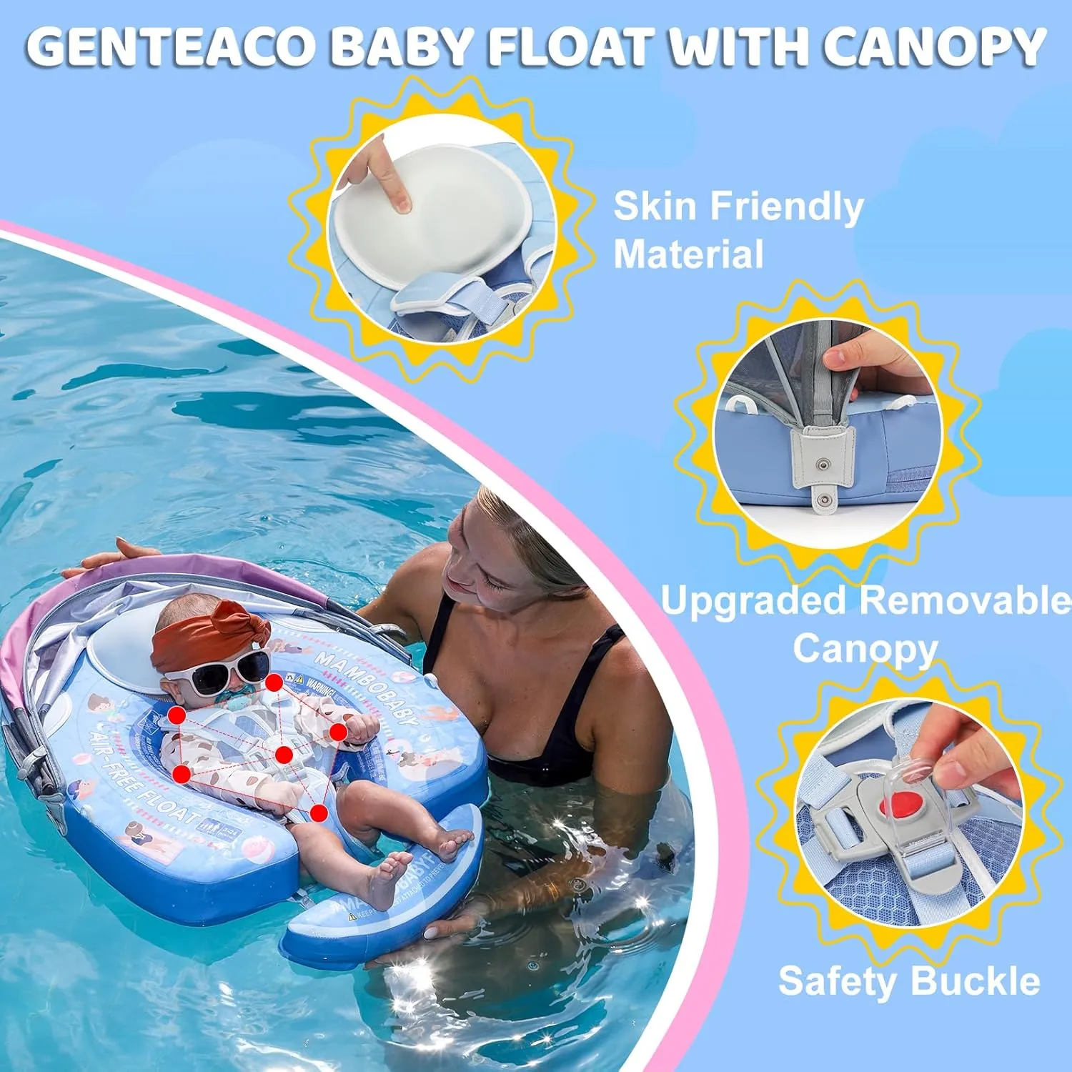 Mambobaby Baby Pool Float with Canopy & Tail Mambobaby Baby Swim Float Non-Inflatable Solid Baby Float Upgrade Soft Waterproof Skin-Friendly Material Infant Swim Float (Deluxe Edition)