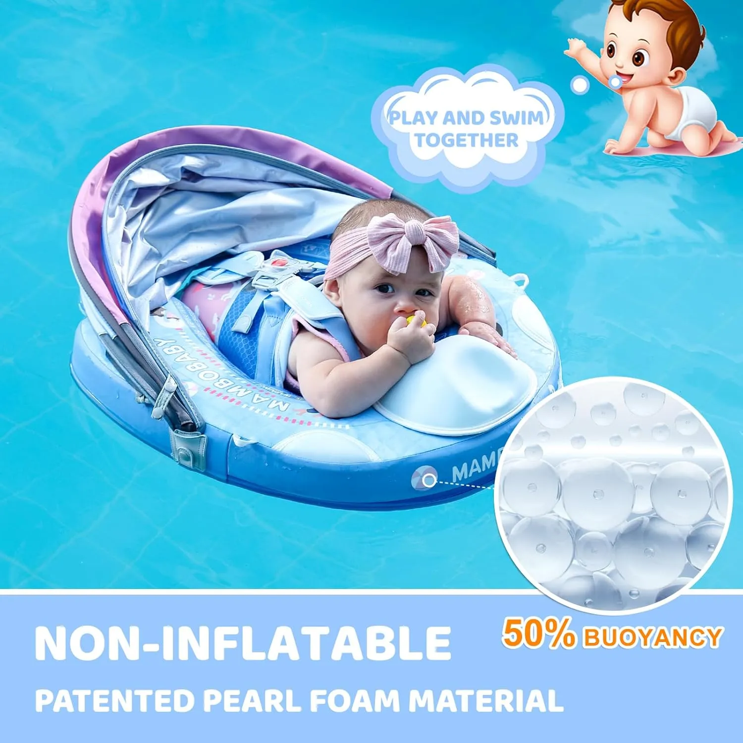 Mambobaby Baby Pool Float with Canopy & Tail Mambobaby Baby Swim Float Non-Inflatable Solid Baby Float Upgrade Soft Waterproof Skin-Friendly Material Infant Swim Float (Deluxe Edition)