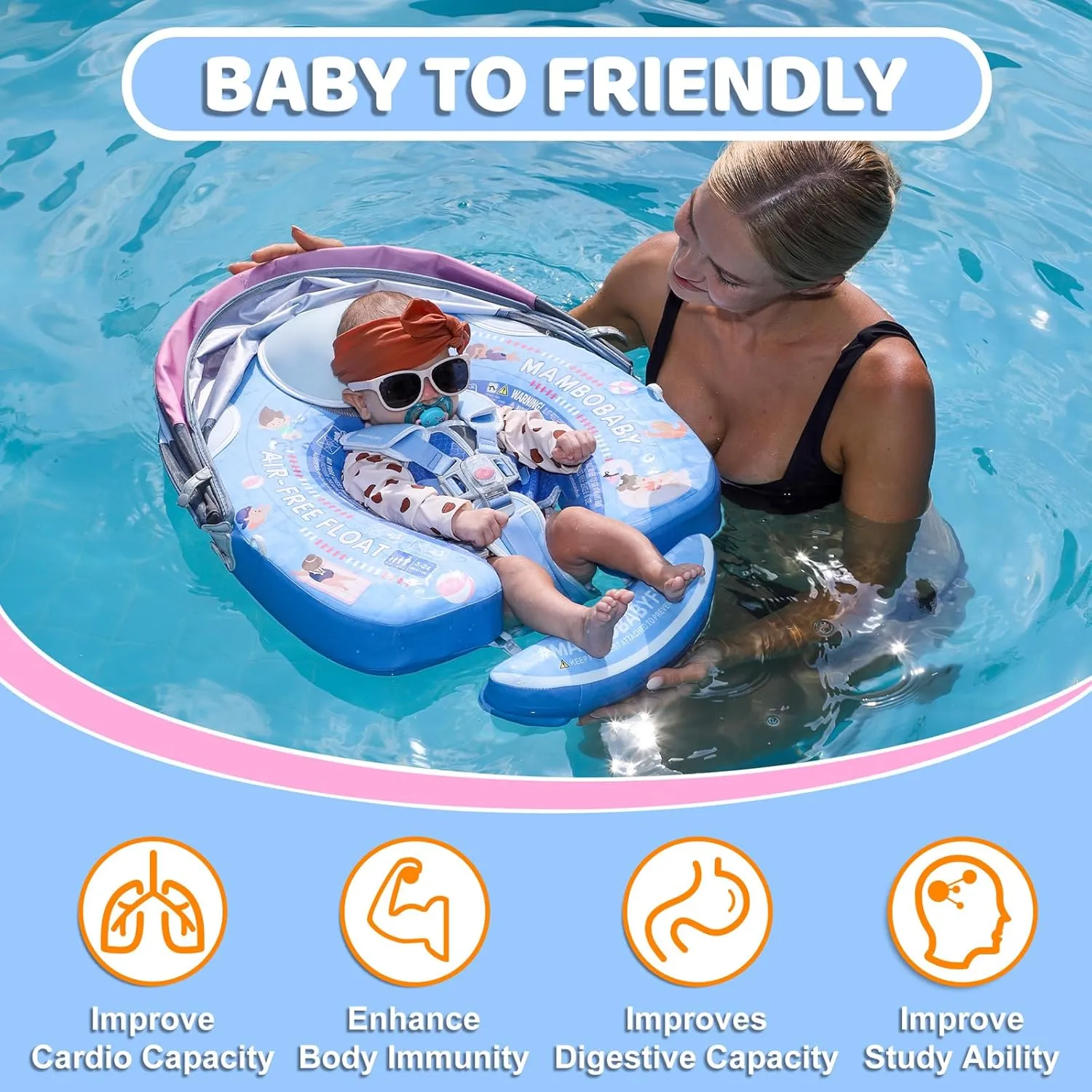 Mambobaby Baby Pool Float with Canopy & Tail Mambobaby Baby Swim Float Non-Inflatable Solid Baby Float Upgrade Soft Waterproof Skin-Friendly Material Infant Swim Float (Deluxe Edition)