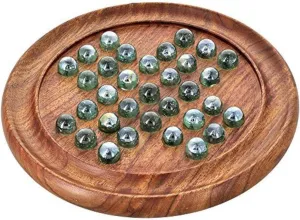 Marble Solitaire Board Game 9' Classic Wooden Holiday Indoor Brain Game Set with 33 Glass Balls Pegs