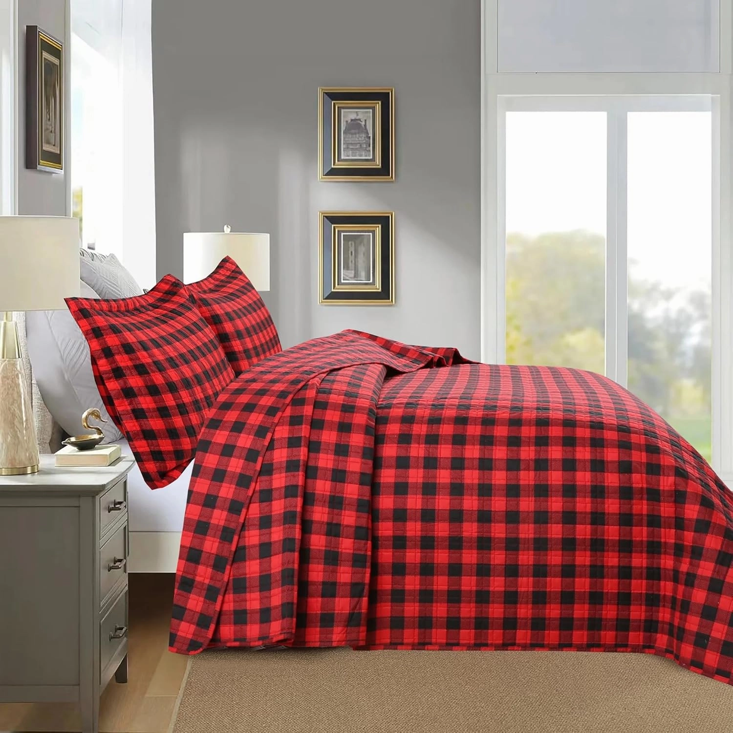 MarCielo 3 Piece Christmas Quilt Set, Rustic Lodge Deer Quilt Bedspread Throw Blanket Lightweight Bedspread Coverlet Comforter Set (Buffalo Red, King)