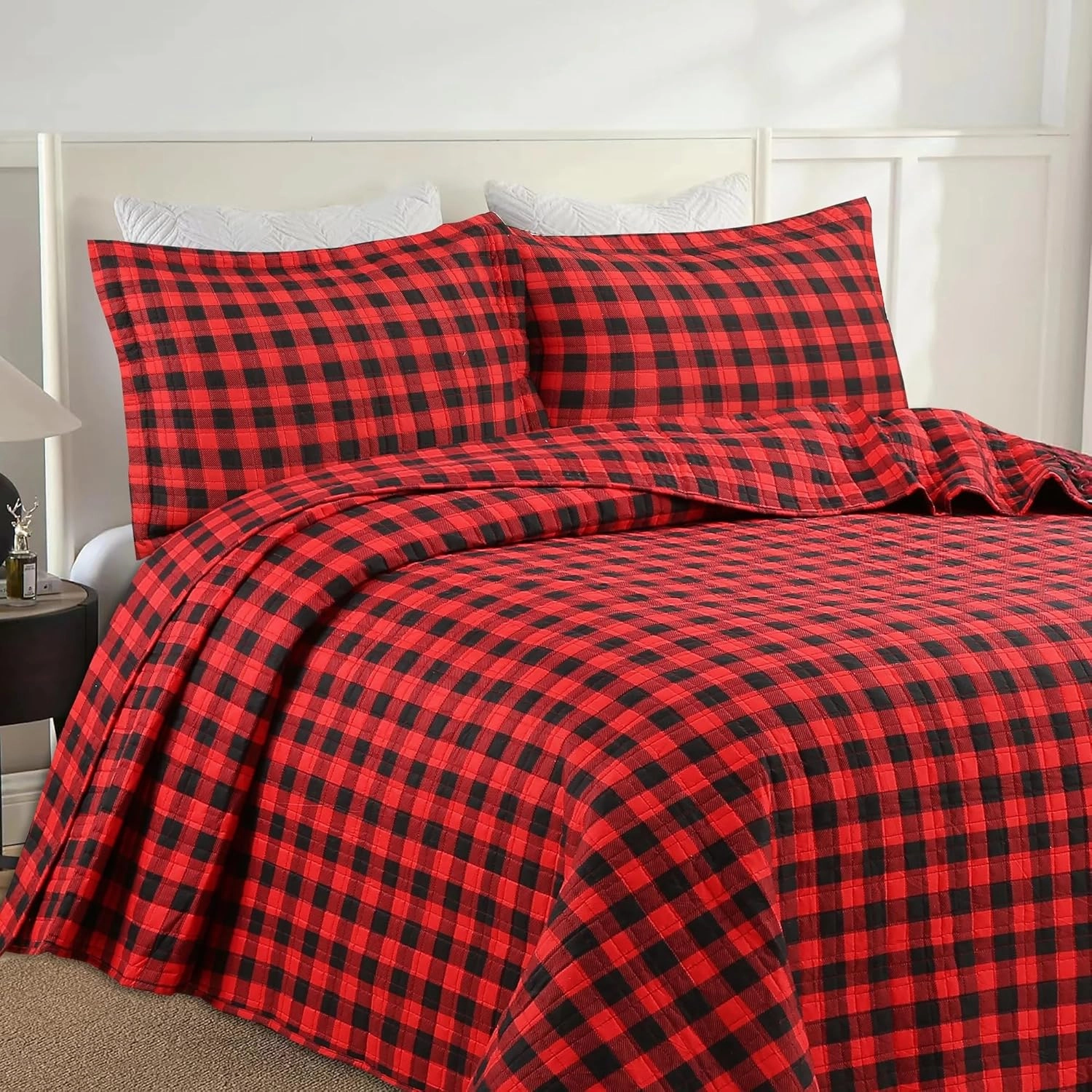 MarCielo 3 Piece Christmas Quilt Set, Rustic Lodge Deer Quilt Bedspread Throw Blanket Lightweight Bedspread Coverlet Comforter Set (Buffalo Red, King)