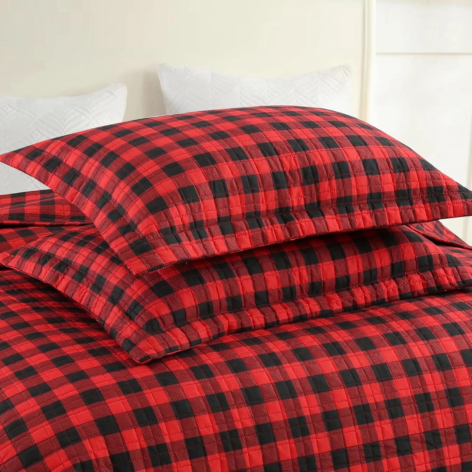 MarCielo 3 Piece Christmas Quilt Set, Rustic Lodge Deer Quilt Bedspread Throw Blanket Lightweight Bedspread Coverlet Comforter Set (Buffalo Red, King)