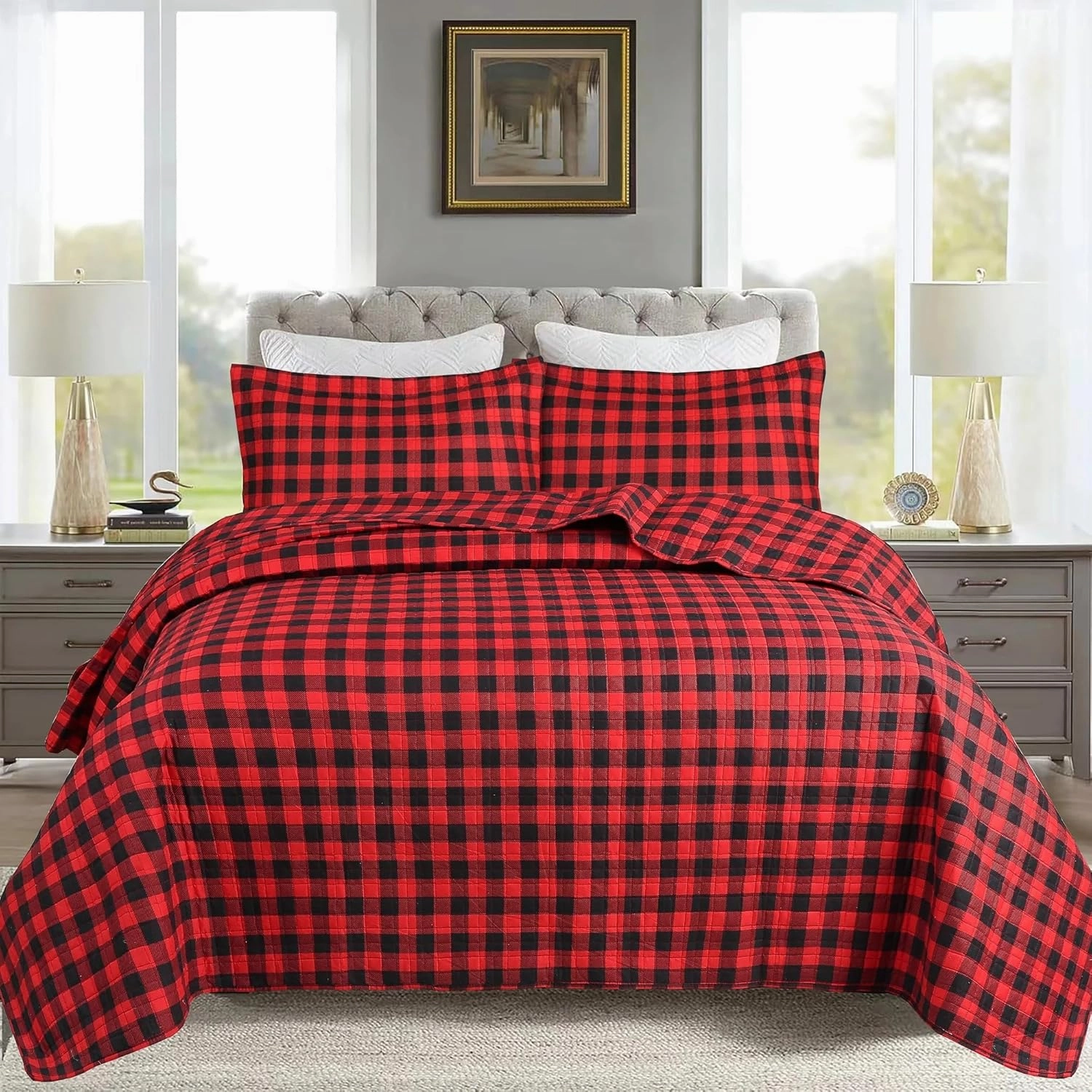 MarCielo 3 Piece Christmas Quilt Set, Rustic Lodge Deer Quilt Bedspread Throw Blanket Lightweight Bedspread Coverlet Comforter Set (Buffalo Red, King)