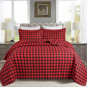 MarCielo 3 Piece Christmas Quilt Set, Rustic Lodge Deer Quilt Bedspread Throw Blanket Lightweight Bedspread Coverlet Comforter Set (Buffalo Red, King)