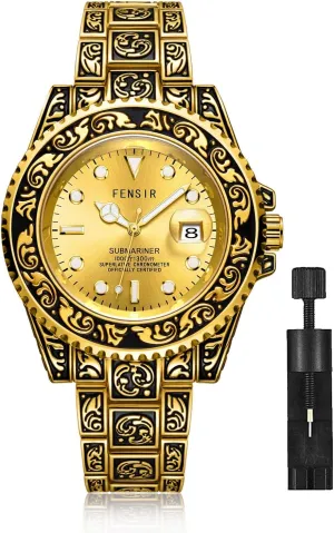 MASTOP Mens Watches Retro 3D Carving Casual Dress Wristwatch Luminous Waterproof Date，Stainless Steel Wristwatch with Analog Quartz Fashion Business Watches for Men (Gold)