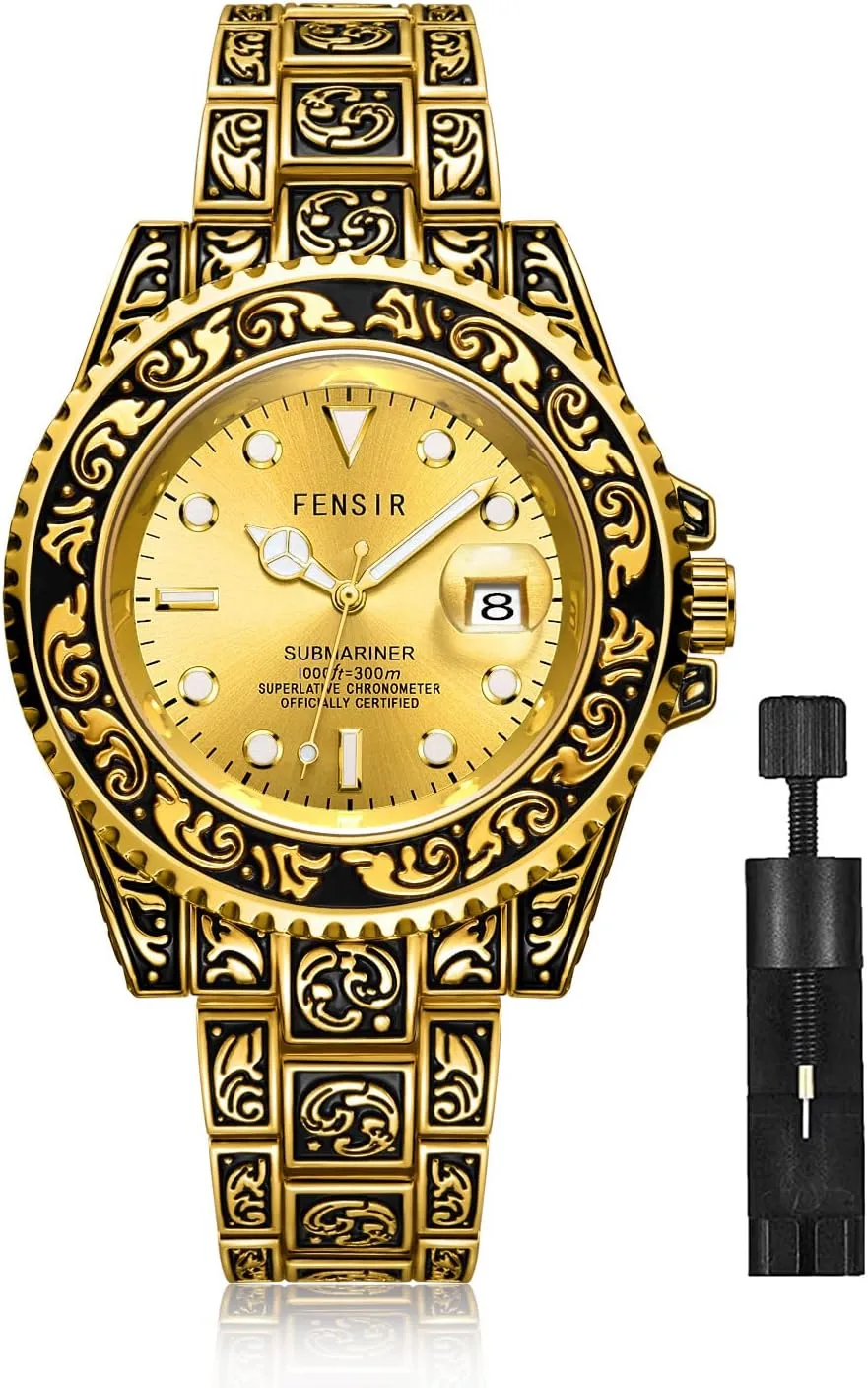 MASTOP Mens Watches Retro 3D Carving Casual Dress Wristwatch Luminous Waterproof Date，Stainless Steel Wristwatch with Analog Quartz Fashion Business Watches for Men (Gold)