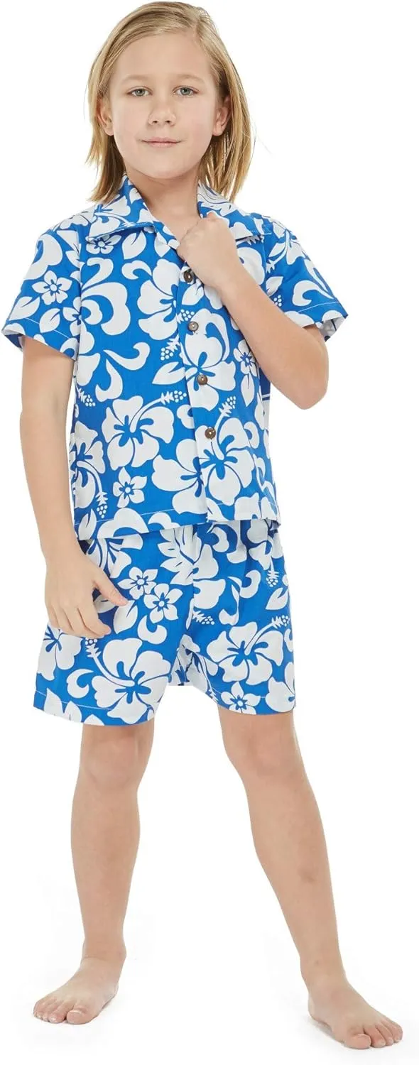 Matchable Family Hawaiian Luau Men Women Girl Boy Clothes in Classic Vintage Hibiscus Blue