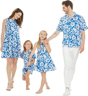 Matchable Family Hawaiian Luau Men Women Girl Boy Clothes in Classic Vintage Hibiscus Blue