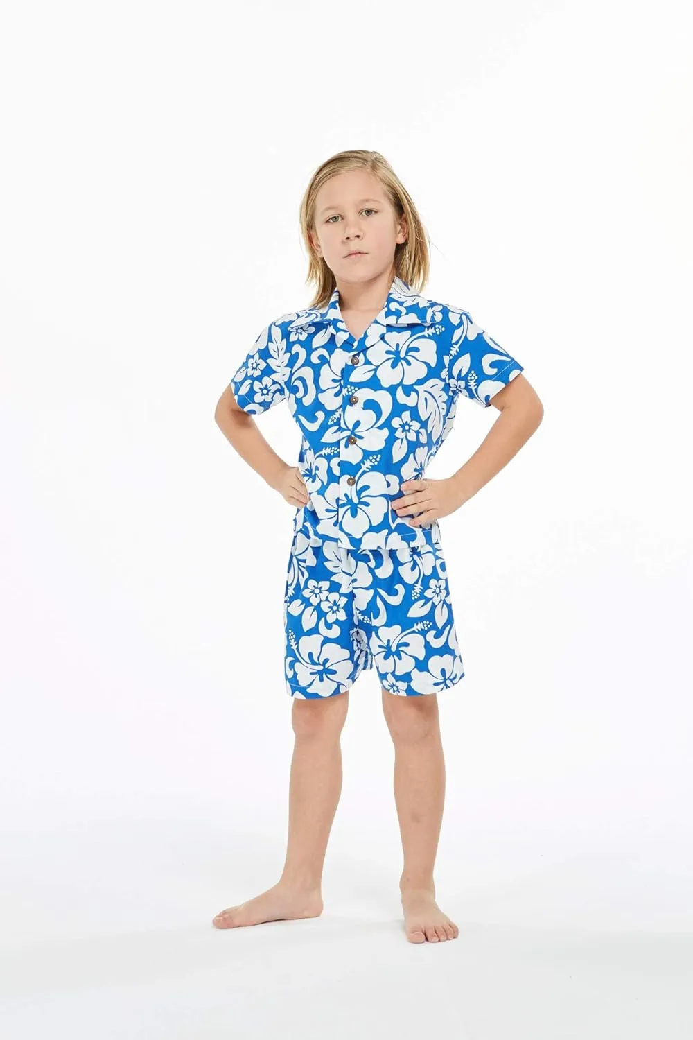 Matchable Family Hawaiian Luau Men Women Girl Boy Clothes in Classic Vintage Hibiscus Blue
