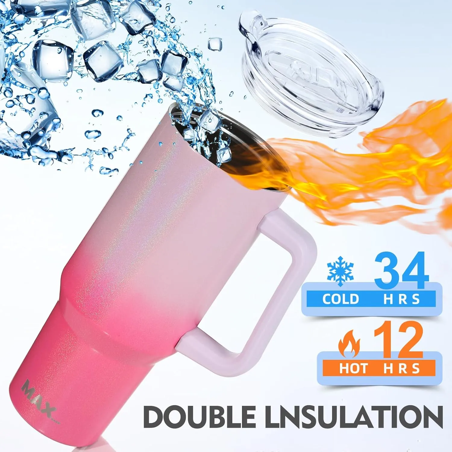 MaxBase 40 Oz Shiny Tumbler with Handle and Straw Lid, Insulated Reusable Stainless Steel Travel Mug Keeps Drinks Cold up to 34 Hours, 100% Leakproof Bottle (L-GradientPink)
