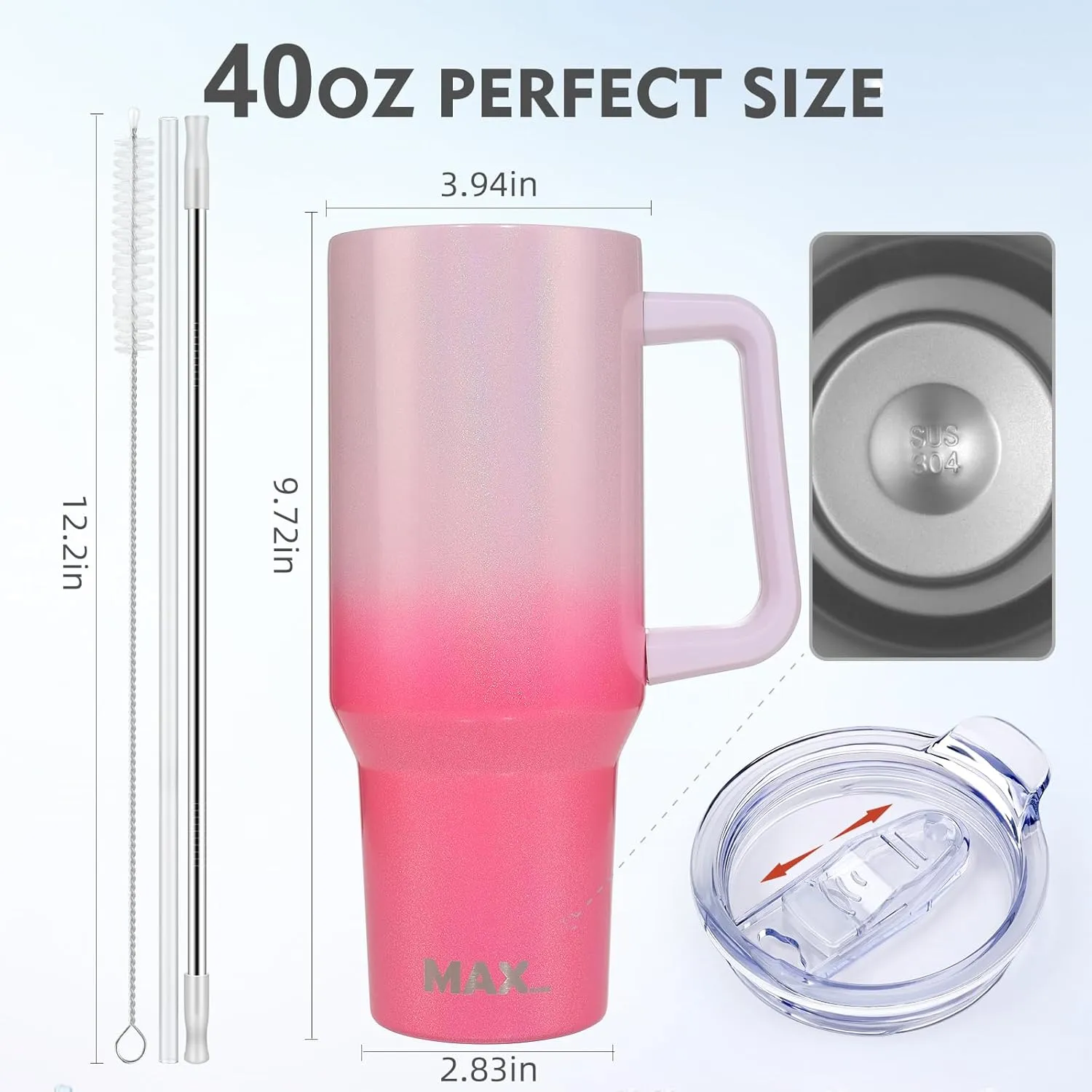 MaxBase 40 Oz Shiny Tumbler with Handle and Straw Lid, Insulated Reusable Stainless Steel Travel Mug Keeps Drinks Cold up to 34 Hours, 100% Leakproof Bottle (L-GradientPink)