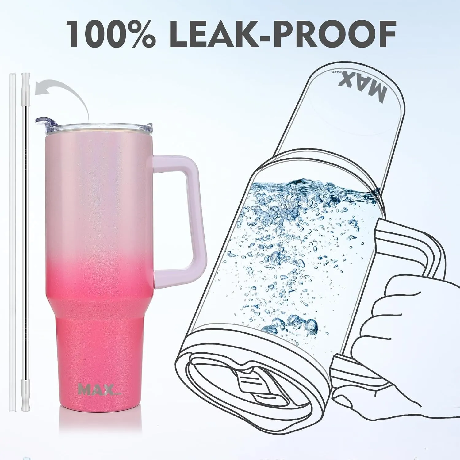 MaxBase 40 Oz Shiny Tumbler with Handle and Straw Lid, Insulated Reusable Stainless Steel Travel Mug Keeps Drinks Cold up to 34 Hours, 100% Leakproof Bottle (L-GradientPink)
