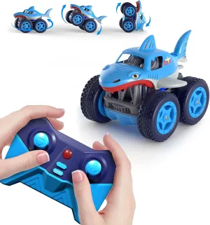 MaxTronic Mini Remote Control Car - 4WD 2.4Ghz 360 Rotating Stunt RC Truck With Built-in Rechargeable Battery, Shark Design - Toys for 3-12 Years Old Boys Girls