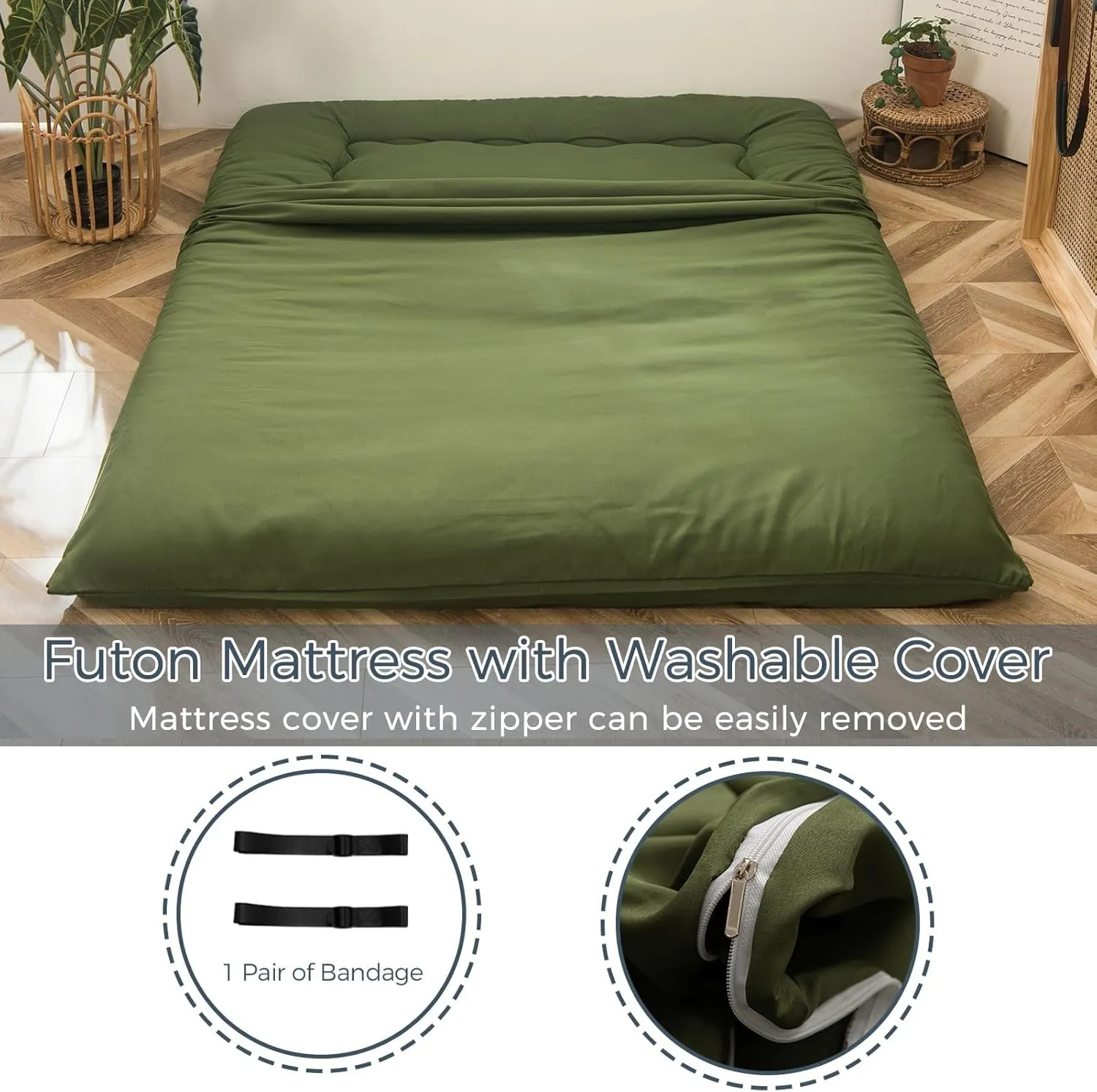 MAXYOYO 6" Extra Thick Japanese Floor Mattress Futon Mattress, Foldable Mattress Tatami Pad Floor Mattress for Adults Floor Bed Roll Up Mattress Guest Mattress, Olive Green, Twin