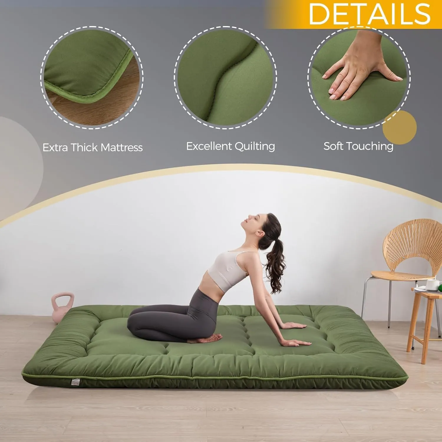 MAXYOYO 6" Extra Thick Japanese Floor Mattress Futon Mattress, Foldable Mattress Tatami Pad Floor Mattress for Adults Floor Bed Roll Up Mattress Guest Mattress, Olive Green, Twin