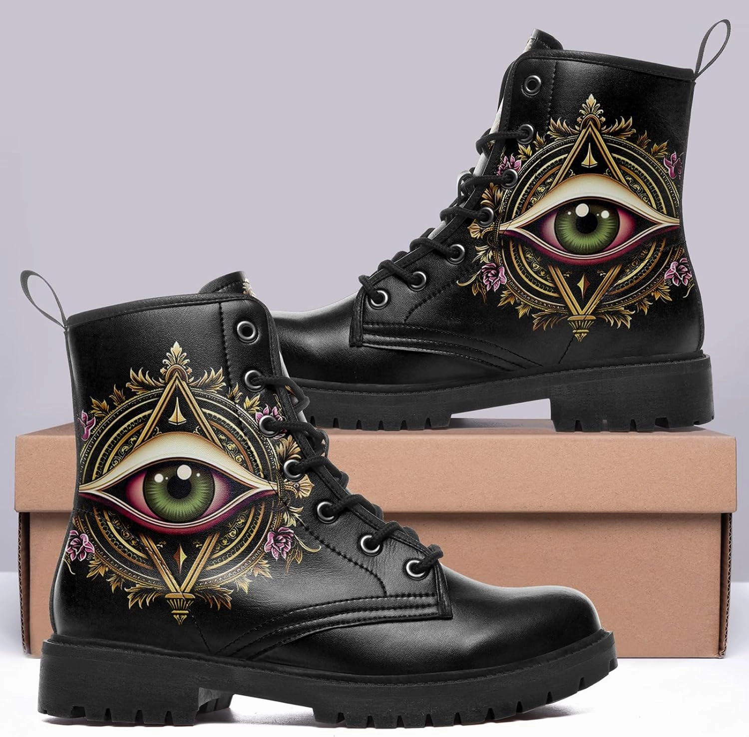 Men's Combat Ankle Boots Skull Rock Lace-Up Motorcycle Booties Goth Water Resistant Leather Work Boot for Women