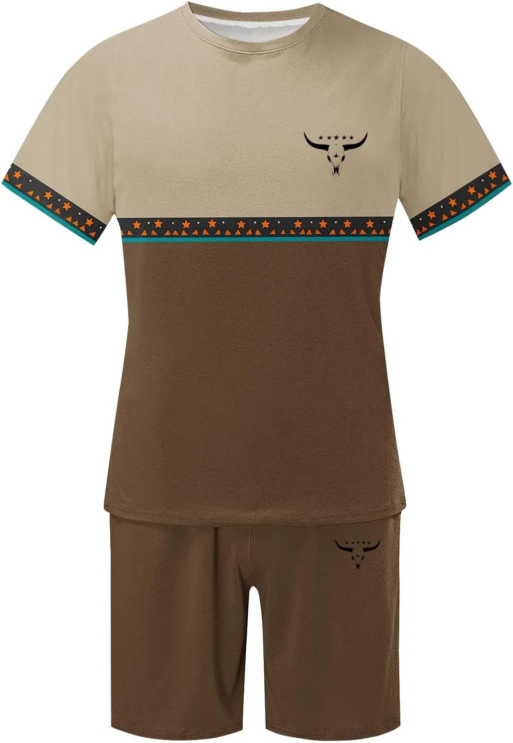 Mens 2 Piece Outfits Western Graphic Short Sleeve Colorblock T-Shirt Crewneck and Elastic Waist Shorts Set Classic 2025