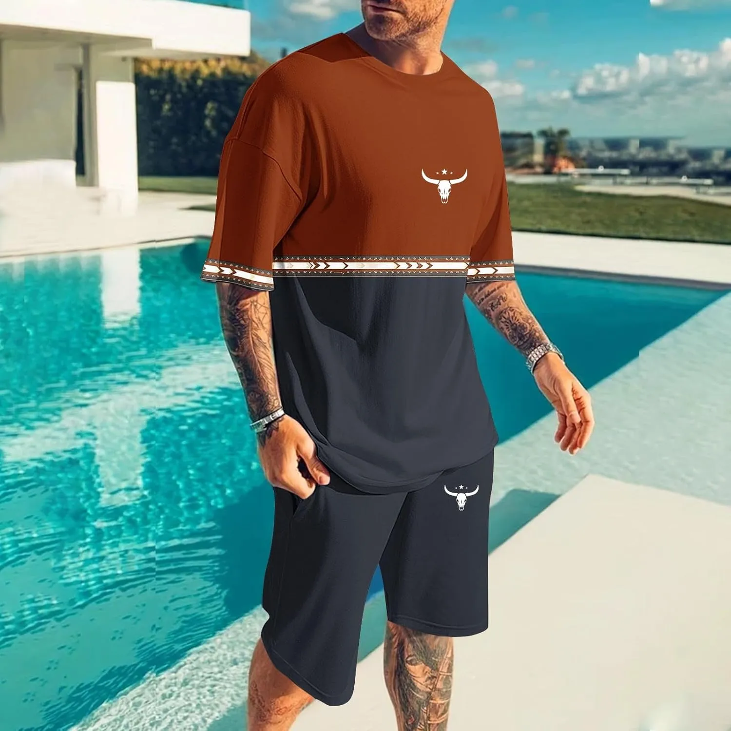 Mens 2 Piece Outfits Western Graphic Short Sleeve Colorblock T-Shirt Crewneck and Elastic Waist Shorts Set Classic 2025