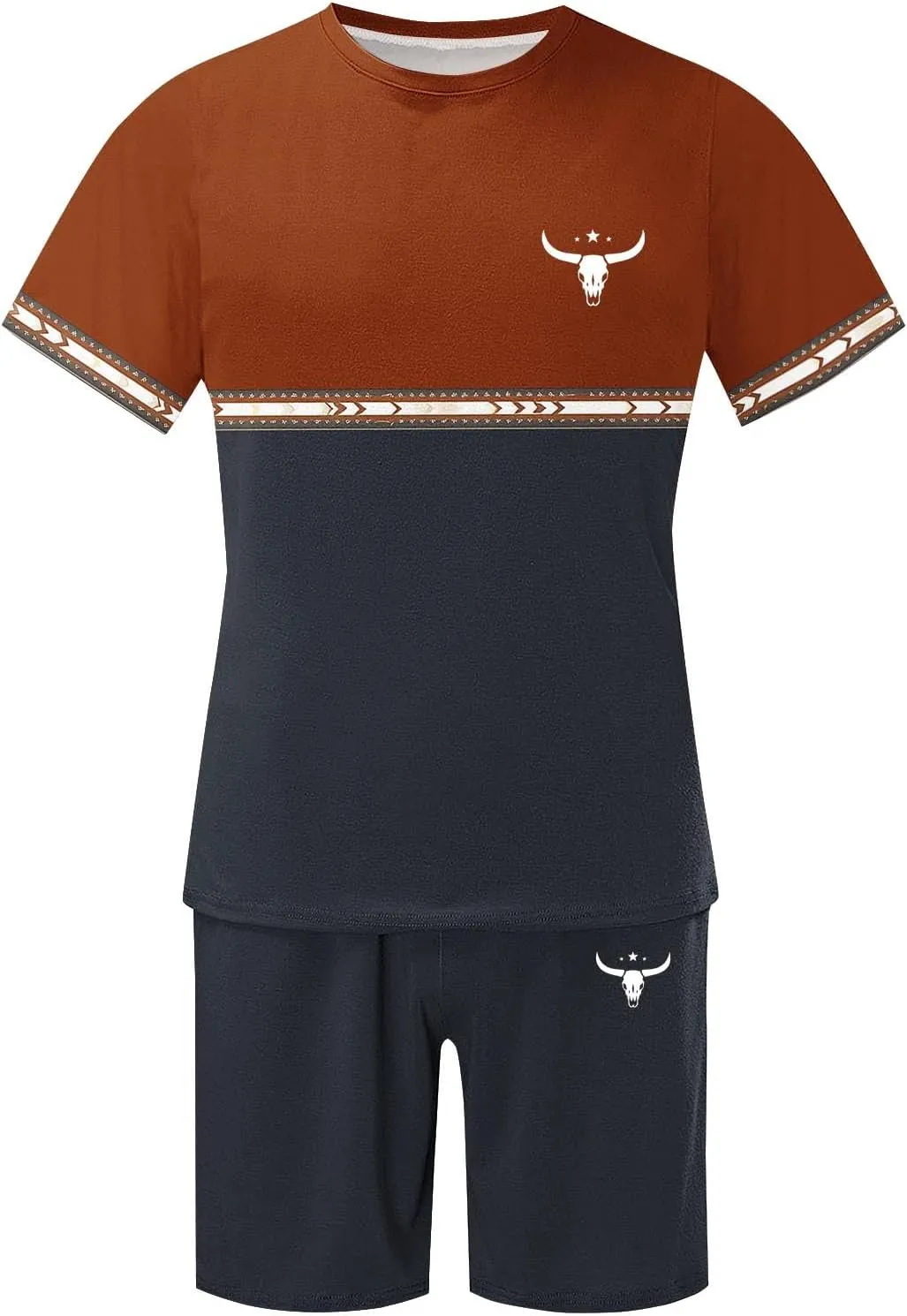 Mens 2 Piece Outfits Western Graphic Short Sleeve Colorblock T-Shirt Crewneck and Elastic Waist Shorts Set Classic 2025