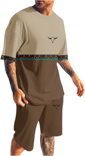 Mens 2 Piece Outfits Western Graphic Short Sleeve Colorblock T-Shirt Crewneck and Elastic Waist Shorts Set Classic 2025