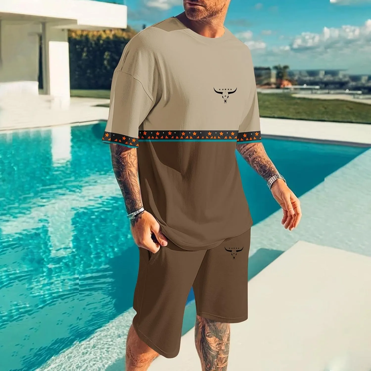 Mens 2 Piece Outfits Western Graphic Short Sleeve Colorblock T-Shirt Crewneck and Elastic Waist Shorts Set Classic 2025