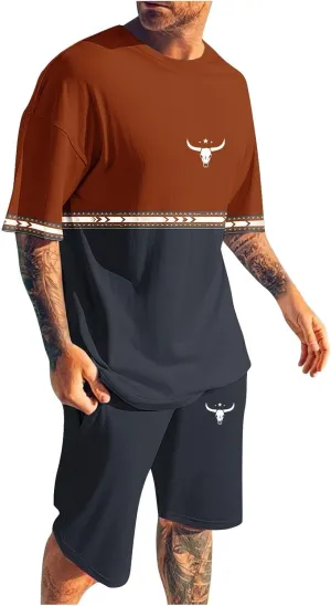Mens 2 Piece Outfits Western Graphic Short Sleeve Colorblock T-Shirt Crewneck and Elastic Waist Shorts Set Classic 2025