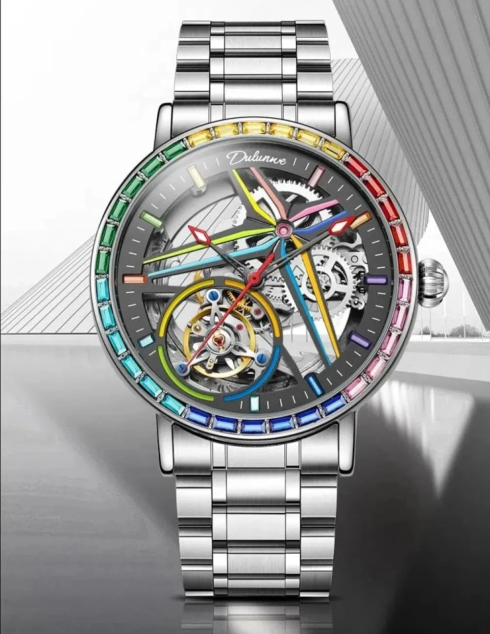 Men's Automatic Mechanical Watch Sports Style Double-Sided Hollow Design Luminous Pointer Stainless Steel Strap