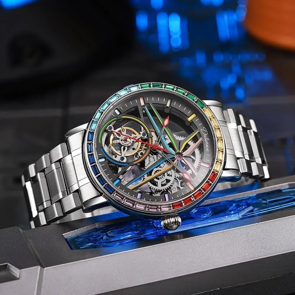 Men's Automatic Mechanical Watch Sports Style Double-Sided Hollow Design Luminous Pointer Stainless Steel Strap