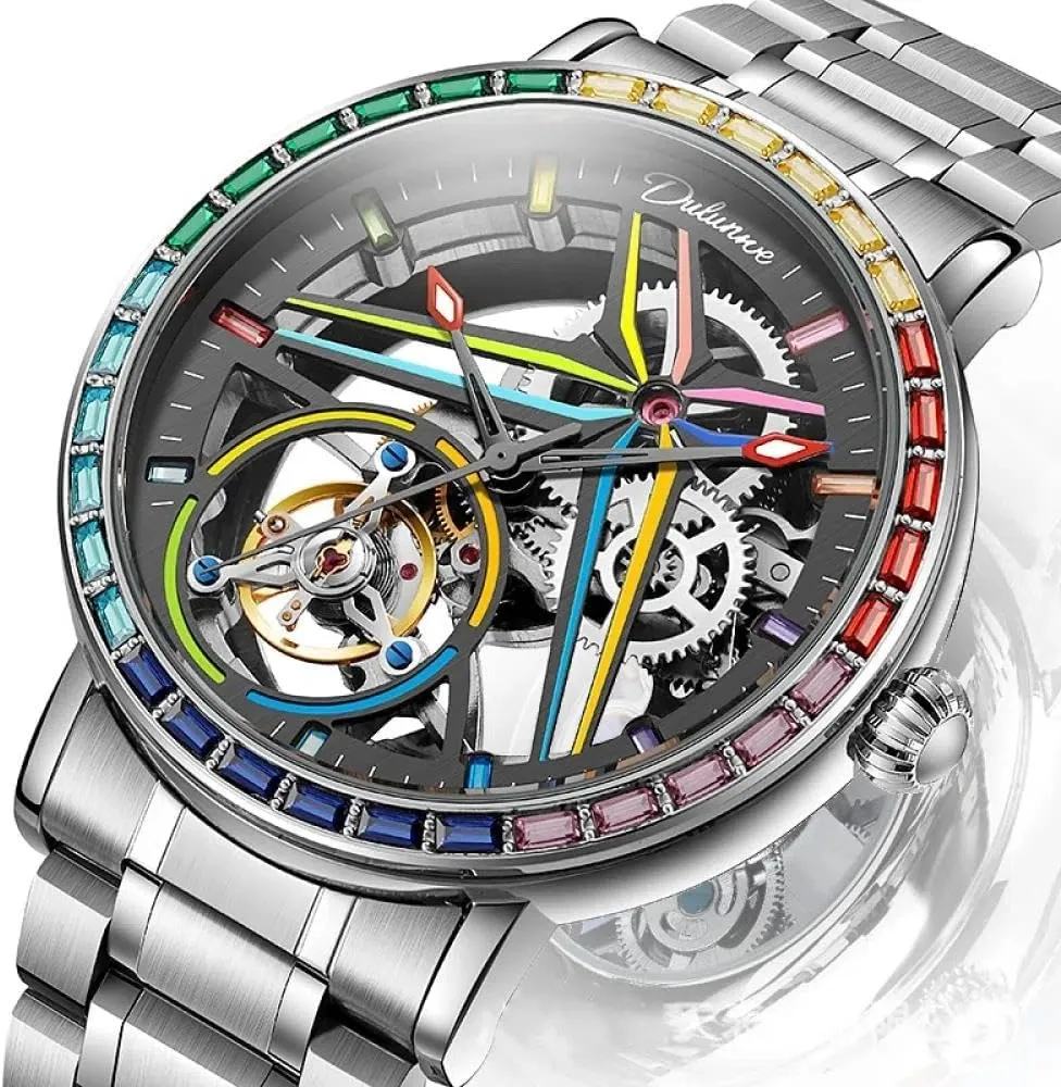 Men's Automatic Mechanical Watch Sports Style Double-Sided Hollow Design Luminous Pointer Stainless Steel Strap